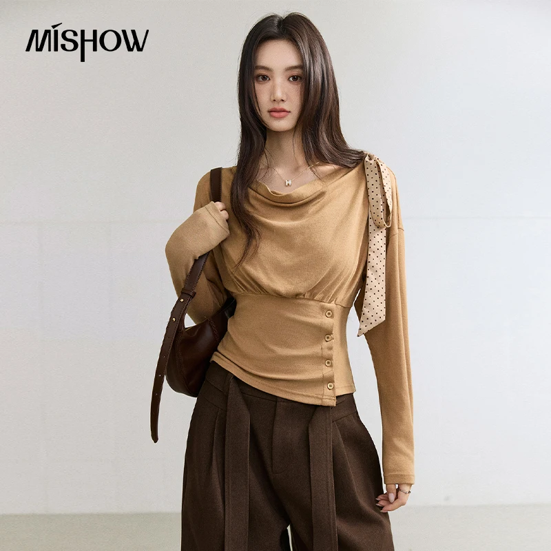 MISHOW Women's Long Sleeve Tops Draped Cowl Neck Polka Dot Bow Commuter Blouse 2026 Fall New Versatile Cozy Clothing MXF46T3257