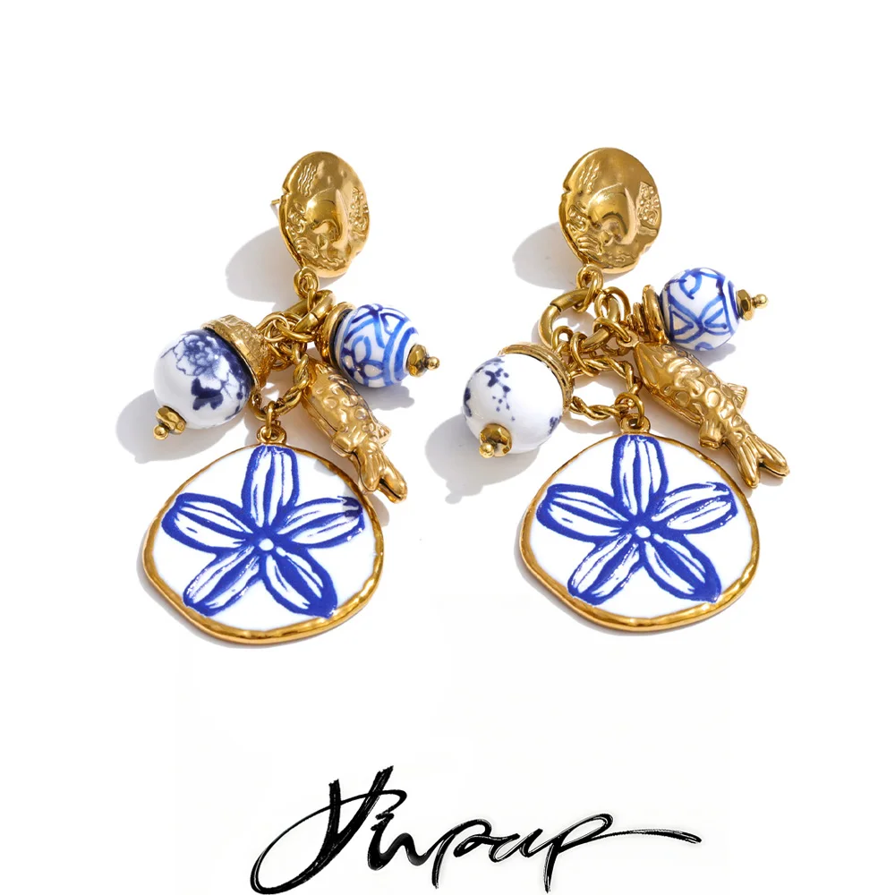 Boucles d'oreilles pendantes Yhpup style exclusif en acier inoxydable avec perles en céramique et breloque fleur, anti-allergie, bijoux esthétiques dorés pour l'été