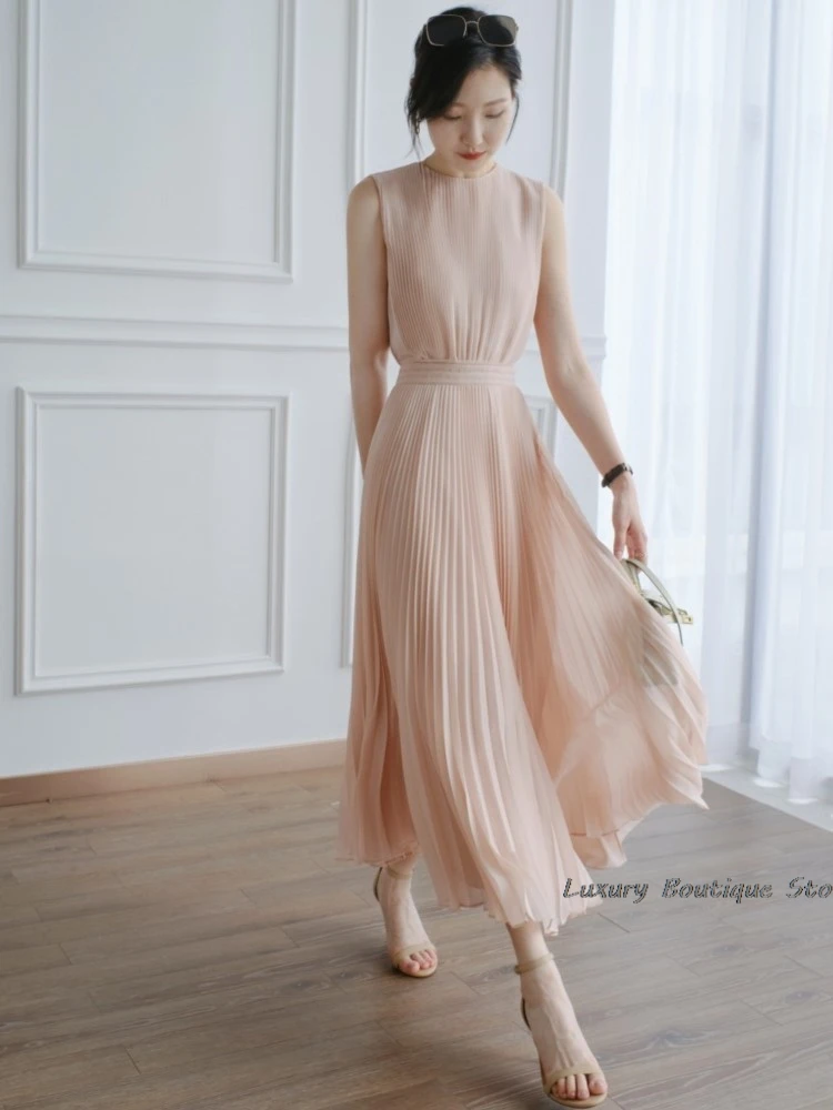 Zipper Chiffon Pink Pleated Women Dress 2024 New Casual O-neck Solid Color Sleeveless Tank Dresses Fashion Chic Female Clothing