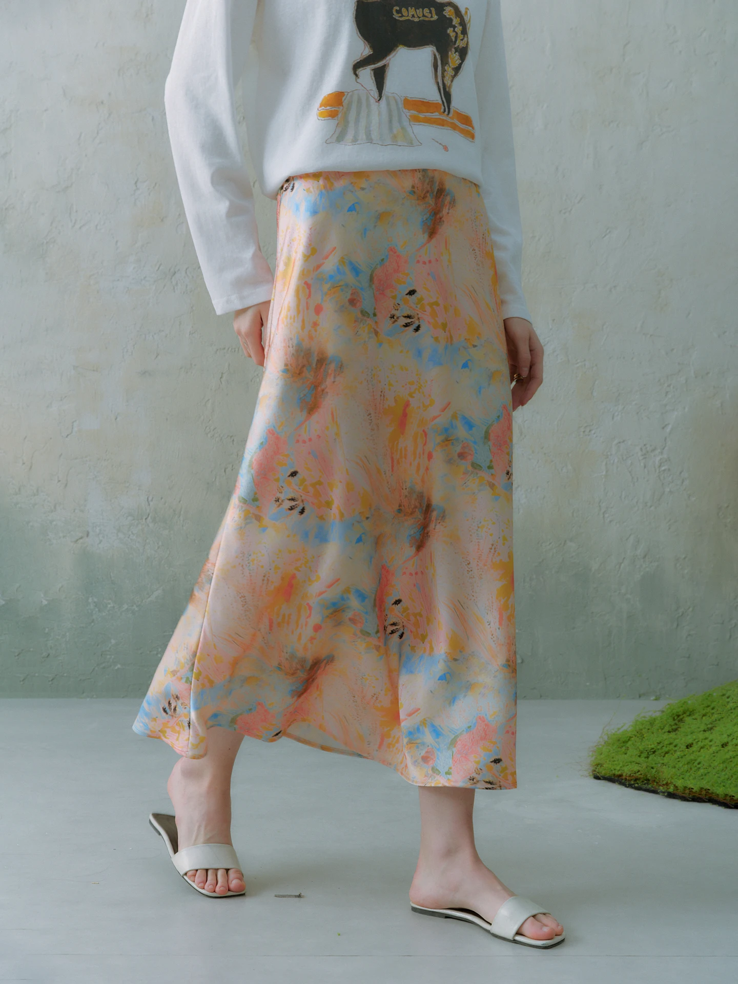 Oz Spring Painting Skirt Satin Acetate A-Line Midi Skirt Women's Spring Summer Smooth Silk-Like Half-length Skirt