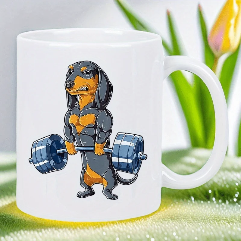 

Fitness Enthusiast'S Best Friend: Strong Dachshund Weightlifting Ceramic Mug White with Black & Orange Design, Hand Wash Only