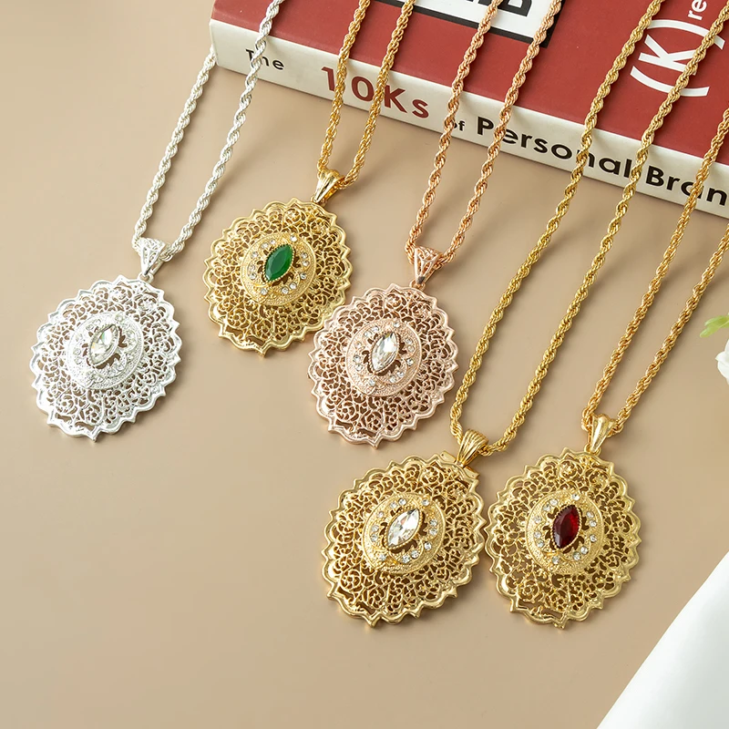 

Fatima Algeria Wedding Jewelry Set Gold Plated Pendant Necklace Earrings Bridal Crown Arabian Cutout Metal Gifts Gifts for Women