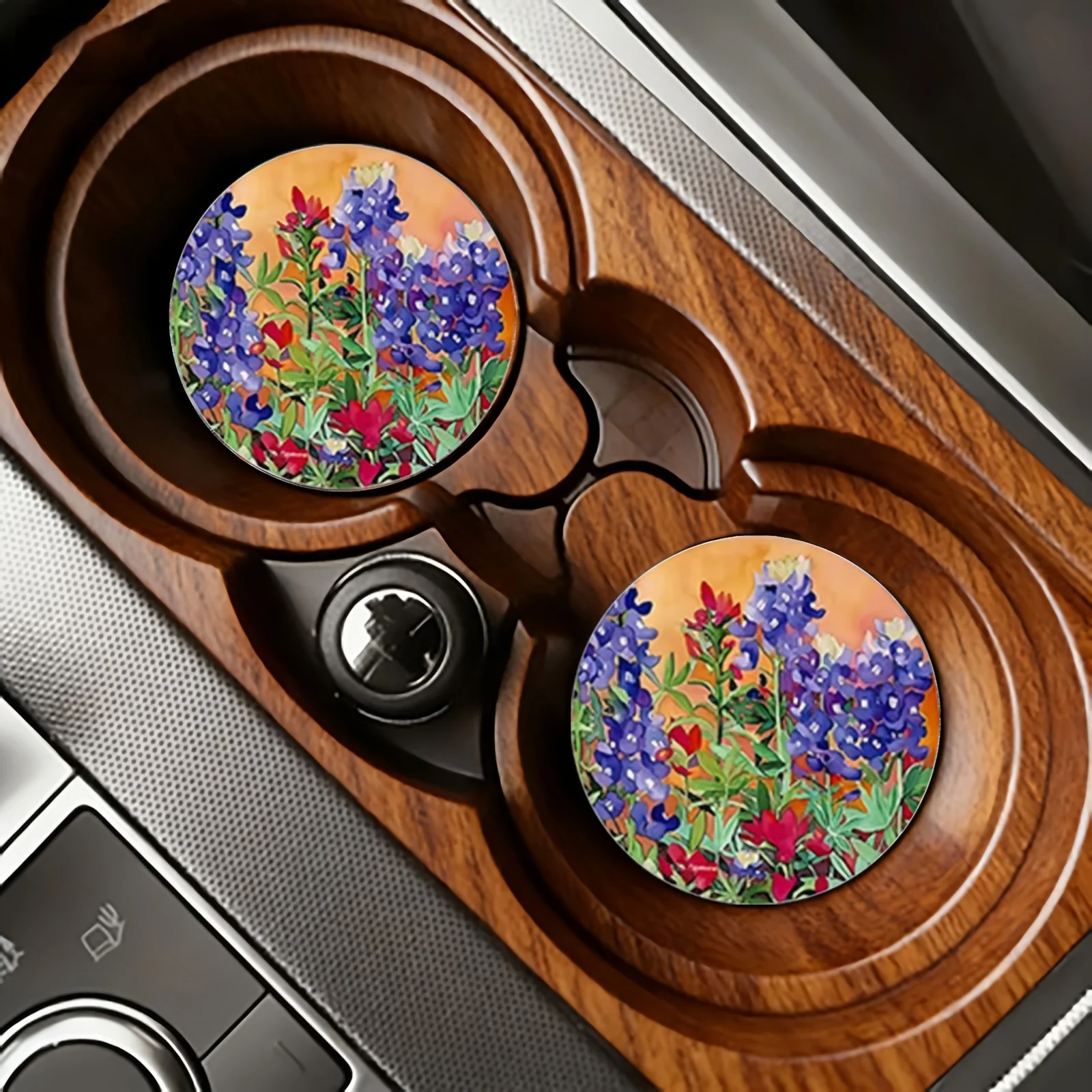 2/4pcs Purple And Blue Lupine Flower Field Car Coasters, Anti-Slip Water-Absorbing Car Cup Holder Decorative Pads