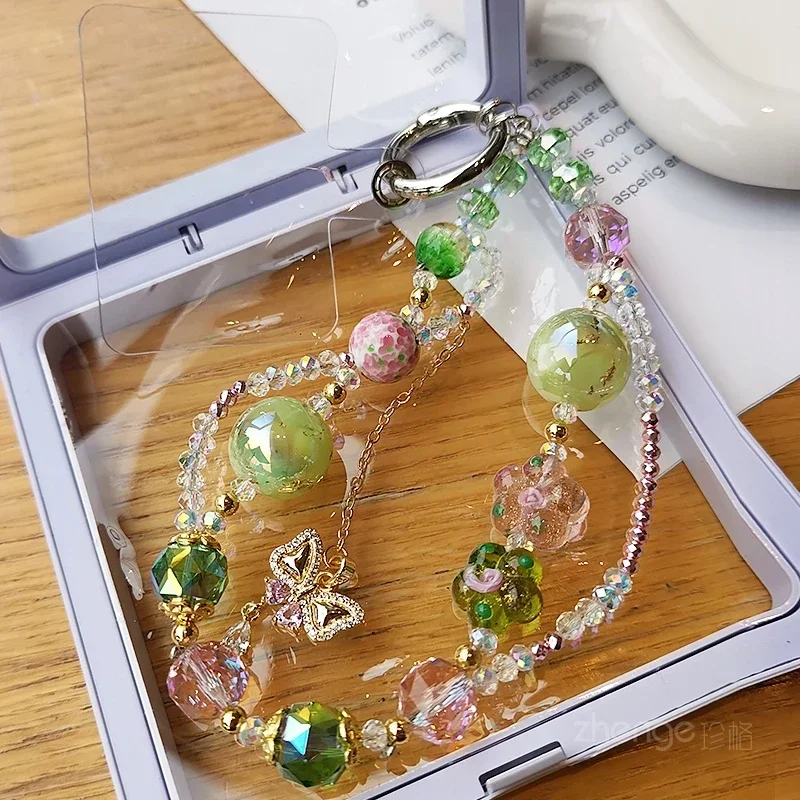

Mobile Phone Lanyard Butterfly Pendant Crystal Bracelet Wrist Ornament Clip on Phone Case Universal Lanyard Handmade Bead Chain