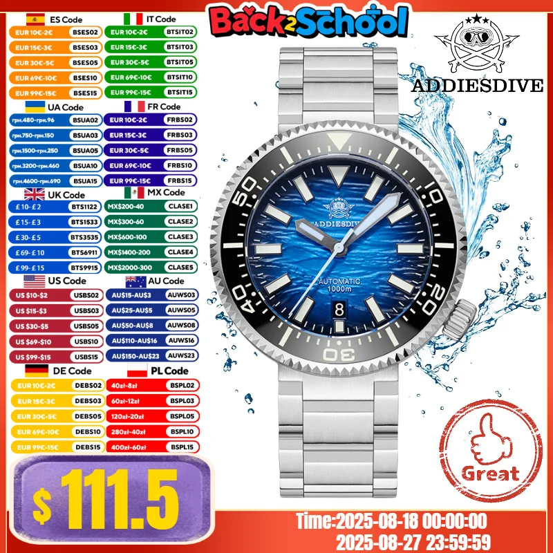 

ADDIESDIVE New Watch For Men 1000 Waterproof Blue Blue Luminous Ceramic Bezel Sapphire Crystal 316L Steel Mechanical Watch