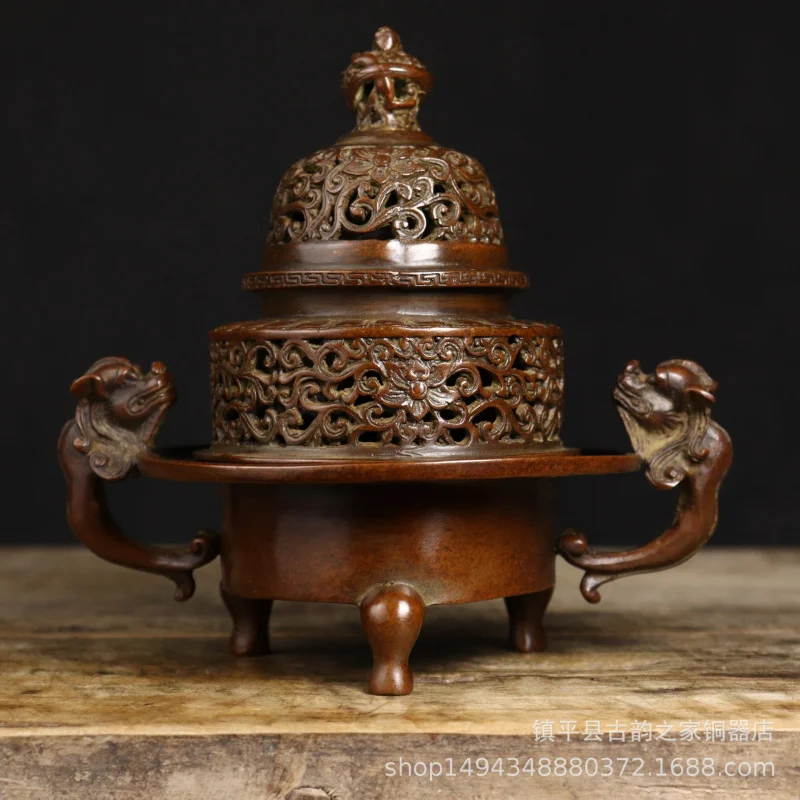 Pure Copper Chilong Ear Wrapped Lotus Three-Legged Home Living Room Ornament Brass Incense Burner Decoration Craf
