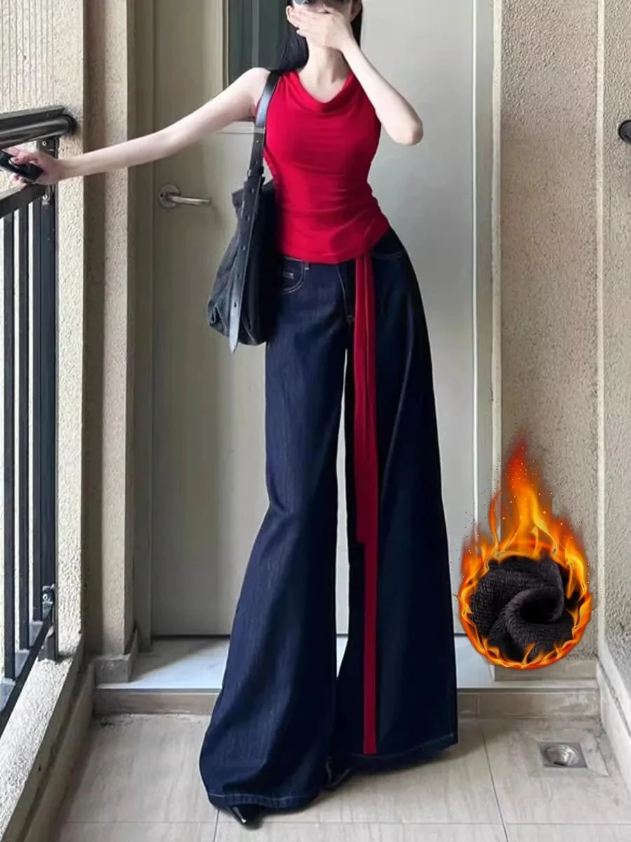 Extended High Street Vibe Dark Blue Wide-leg Jeans Women's Velvet High-waisted Loose Mopping Pants High Waisted Jeans