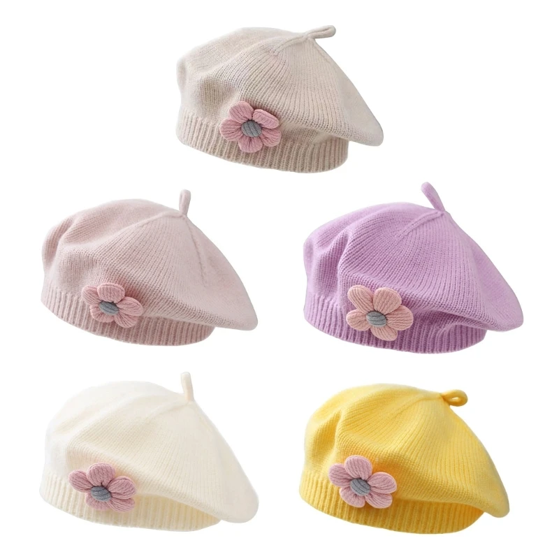 Baby Hat Autumn Winter Female Girls Flower Decor Children's Knitting Woolen Hats Trendy Girls Knitted Artist Hat