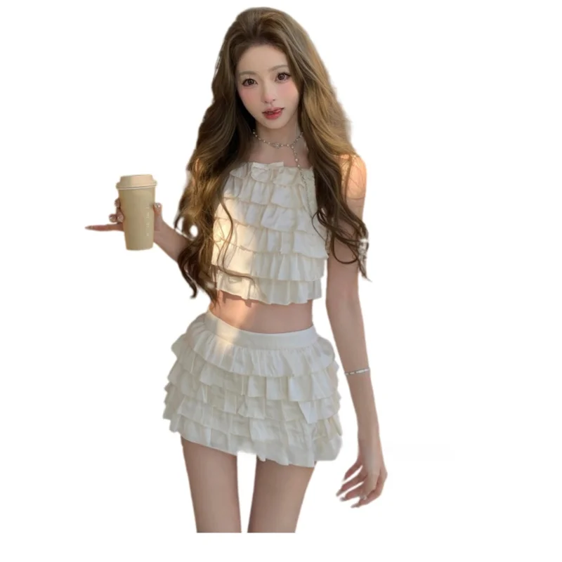 

Women's Pure Desire Two Piece Set Layered Ruffle Trim Spaghetti Strap Top & Tiered Cake Mini Skirt Spring & Autumn Design Outfit