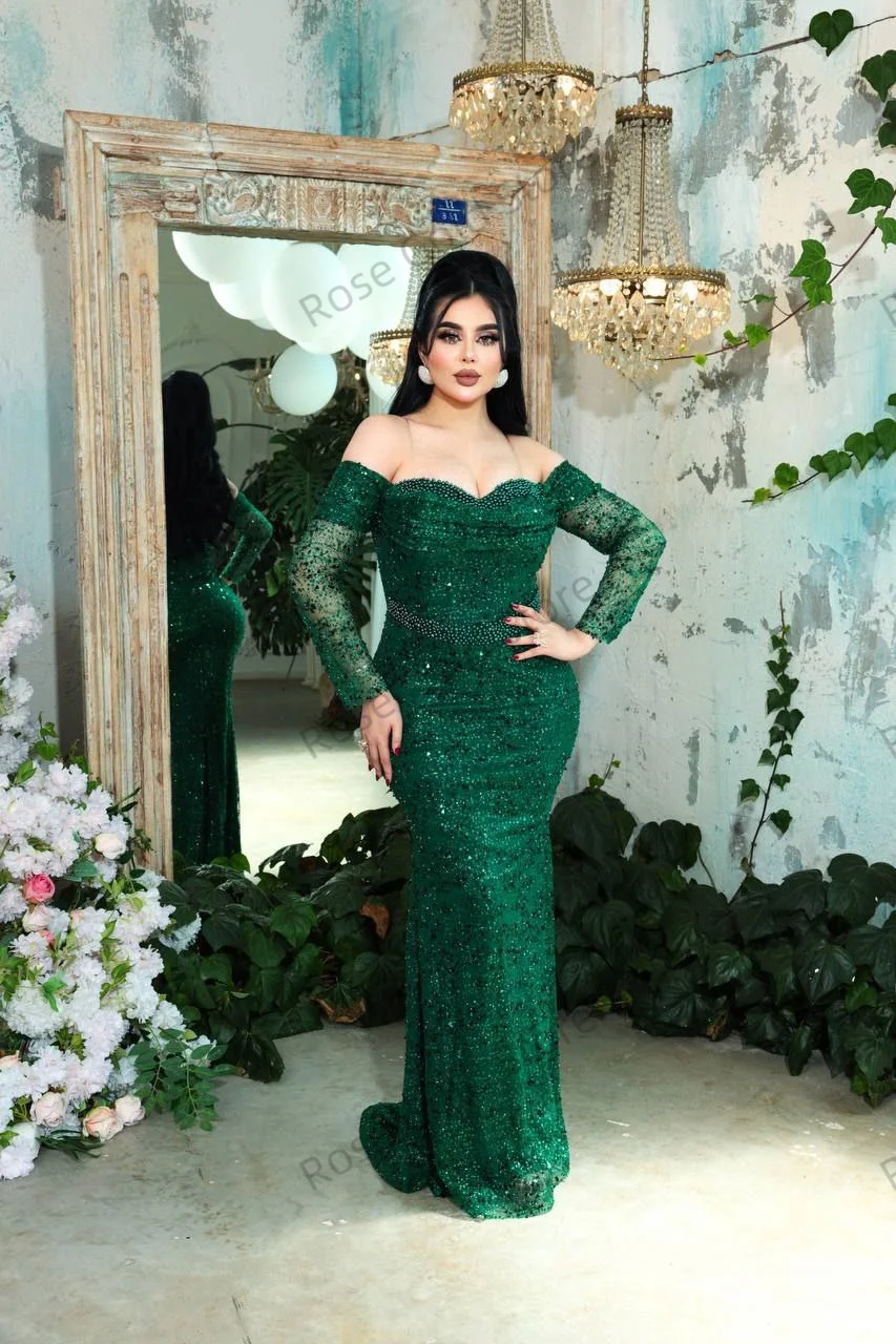 Abito da sera a sirena verde con scollo a cuore e spalle scoperte Abiti da sera Abito da ballo formale con paillettes con perline personalizzate