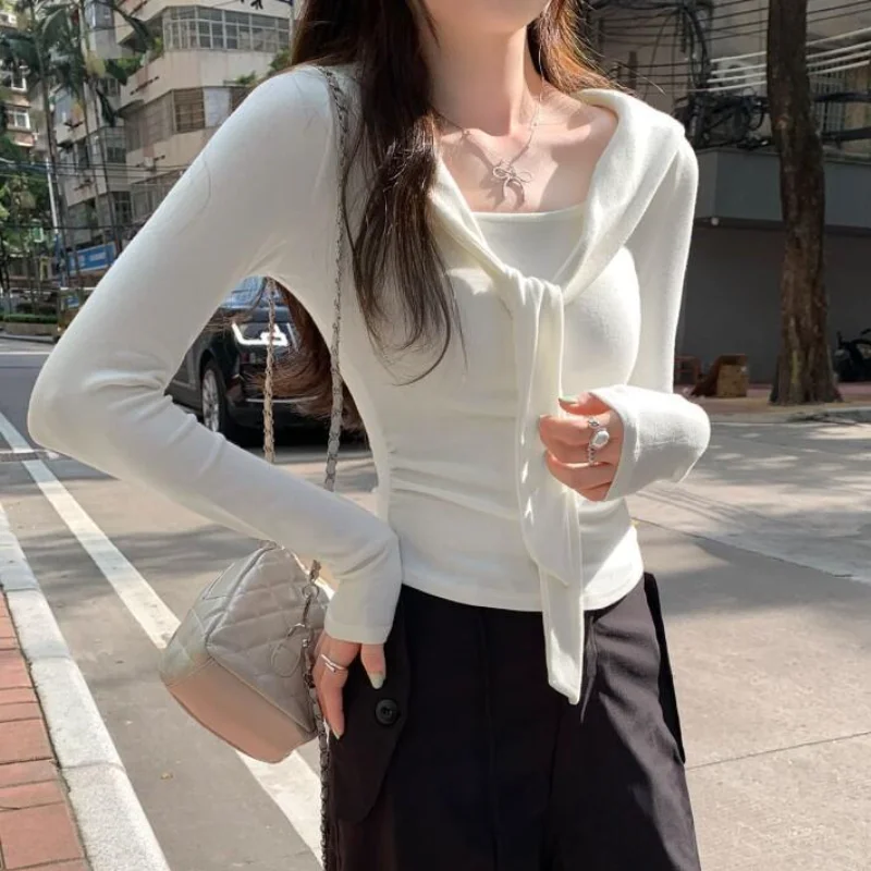 

Korean Style T Shirt Cotton Women Spring Summer New Style White Fake Two Piece Long Sleeve Relaxed Waist Cinching Slimming Top