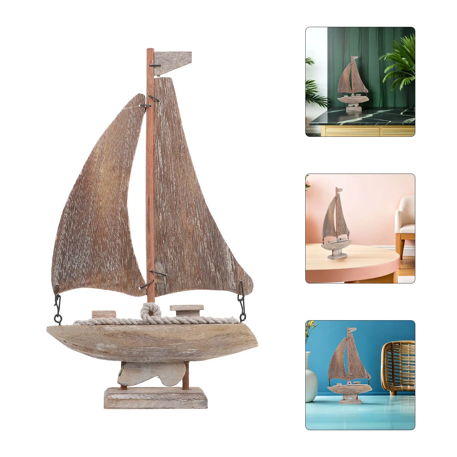 Wooden Sailboat Decor Mediterranean Style Rustic Finish Nautical Desktop Decoration Small Tabletop Boat Statue Coastal Accent