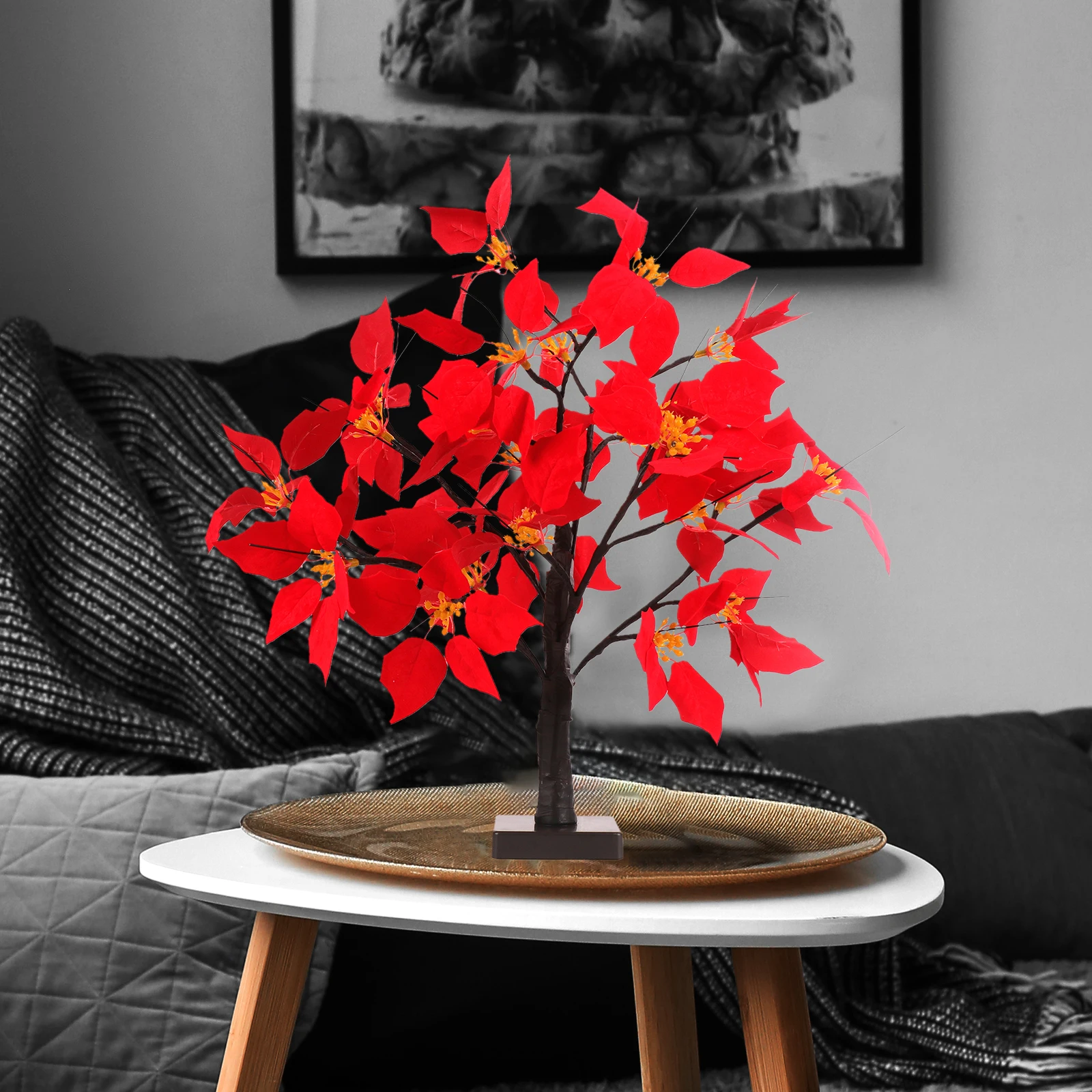 LED Poinsettia Tree Simulation Flowers Holiday Gifts Table Lights Creative Adornment Christmas 50cm For Home Decoration