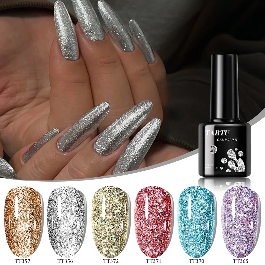 

6-color semi-permanent glitter gel nail polish set in gold, silver, red, blue, green, and pink. Moisture-resistant UV/LED.
