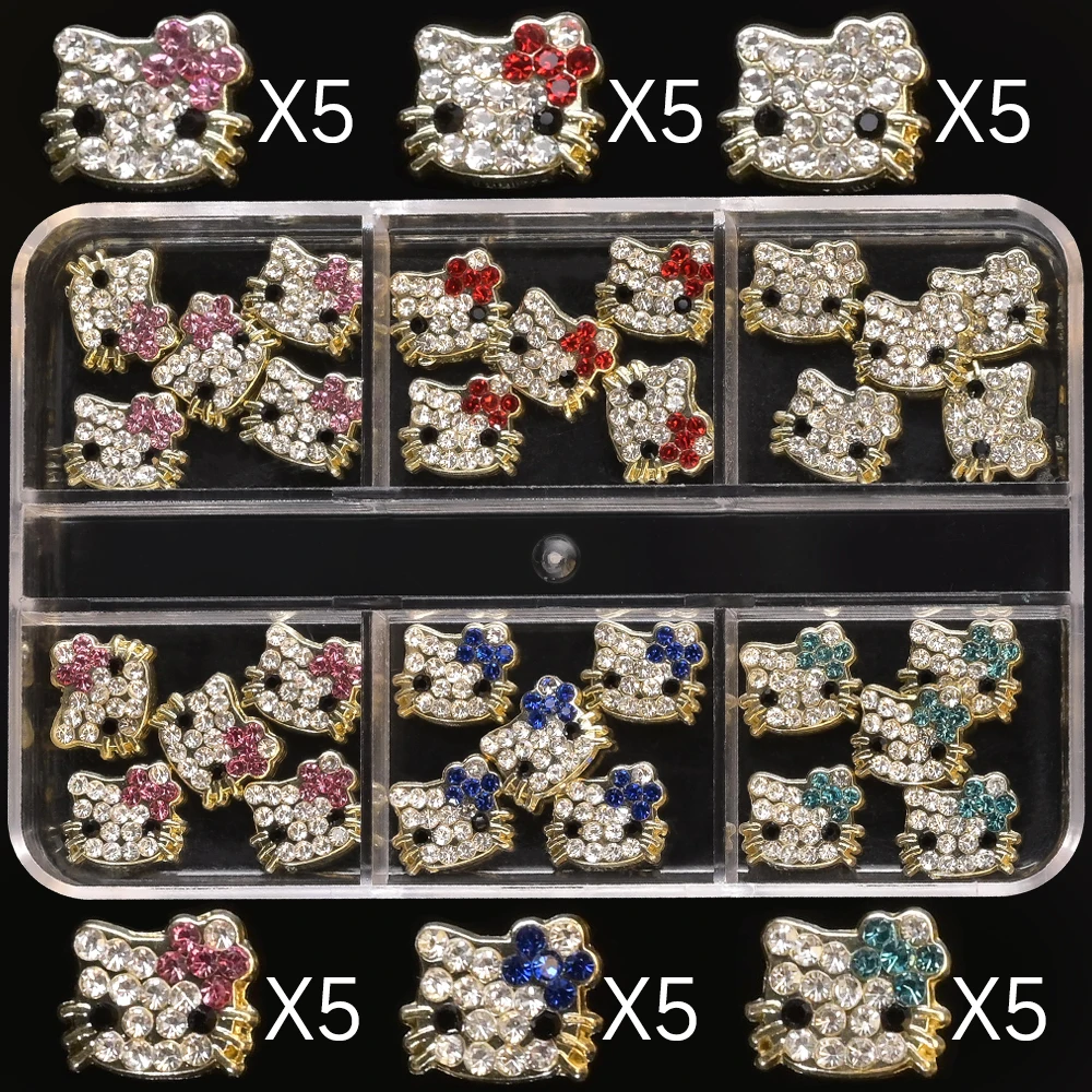 6 그리드/박스 3D 전체 다이아몬드 헬로키티 고양이 네일 참 믹스 합금 크리스탈 키티 네일 라인스톤 만화 애니메이션 네일 아트 장식