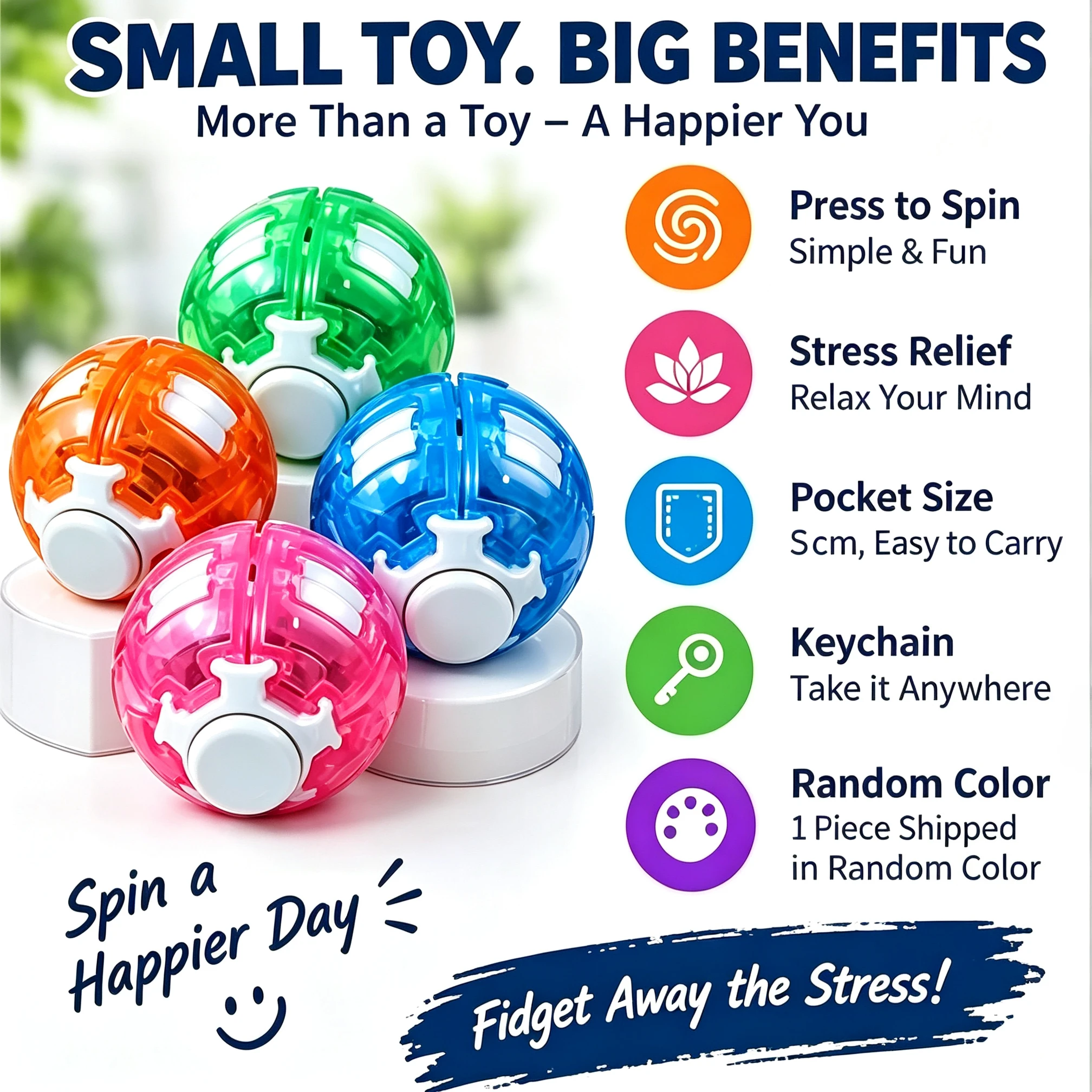 5cm Press Rebound Fidget Ball Rotatable Spinner Gyro Hand Toy Pocket Size Decompression Gadget Bag Charm Stress Relief Gift