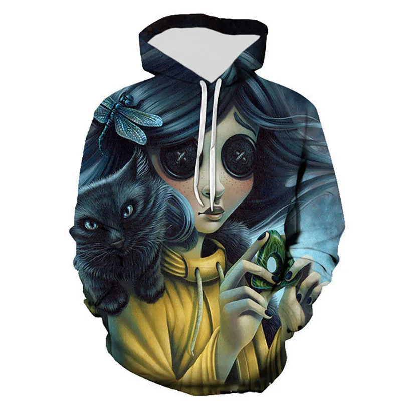 Cartoon Anime Coraline 3D Print Hoodies Men Women Casual Oversized Pullovers Y2k Harajuku Hooded Sweatshirts Kids Tops Clothing