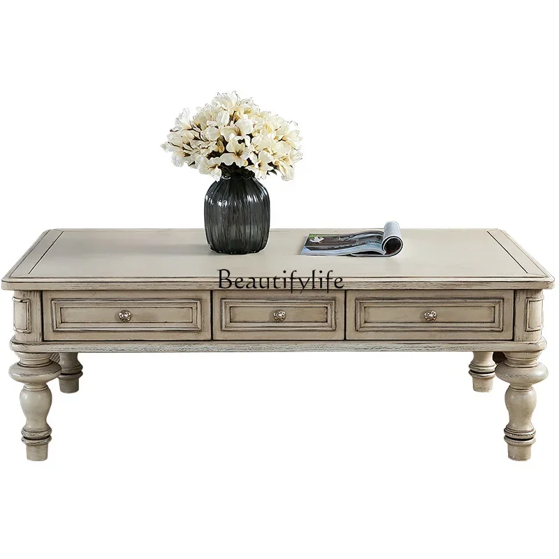 

13American country all solid wood ivory white old oak coffee table French retro