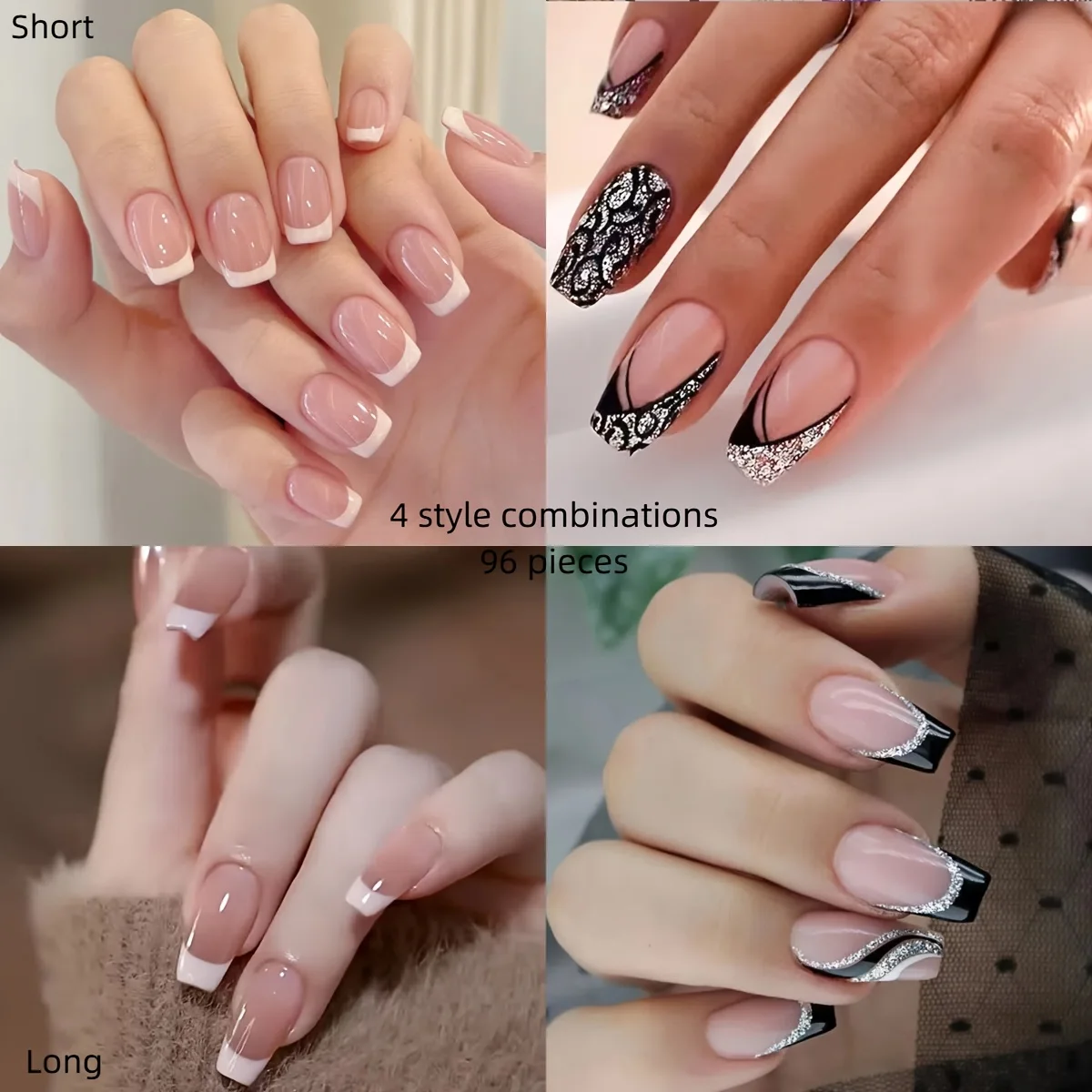 96pcs Nail Art Tips Set Nude Black Tone Oval Shape Medium Length Glossy Finish French Stripe Reusable Nail Kit Daily Wear Party