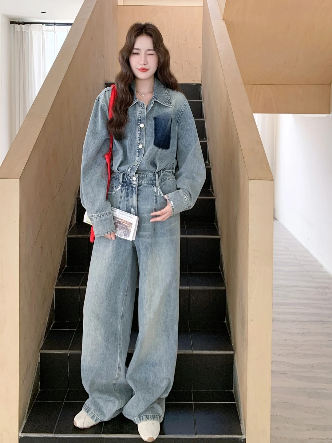 

High Waist Denim Jumpsuit Women's Faion Autumn Waist Cinching eat Looking High Waist Slimming Jumpsuit Set