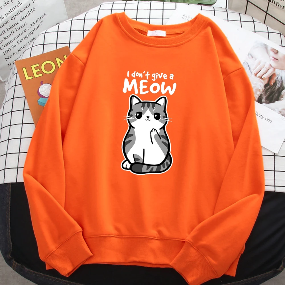 Simple Autumn Womens Sweatshirt I Don\'T Give A Meow Funny Cat Cartoon Animalmale Print Hoody Fleece Pullovers Loose Warm Tops