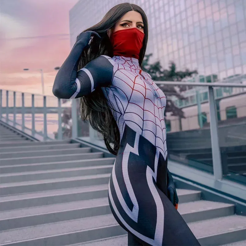 

Cindy Moon Cosplay Women Silk Spiderman Costumes Jumpsuit Superhero Silk Zentai Suit Spider Man Bodysuit Christmas Costumes