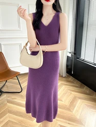 Women's Wool Dress V-neck Vest Skirt Pullover Cashmere Spring Autumn Striped 100% Merino Wool Knitwear A-Line Sleeveless Sweater