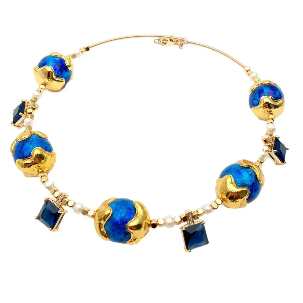Y.YING Blue Murano Glass White Pearl Choker Necklace Blue Crystal Charms Necklaces