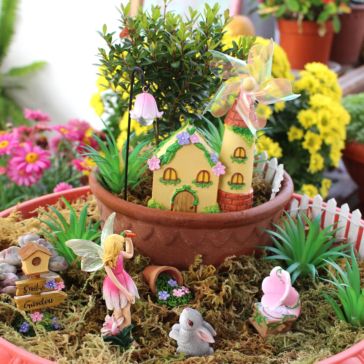

7pcs Fairy Garden Windmill House Resin Statue Set - 5.4 Inch Fantasy Fairy Garden Theme Outdoor Statue