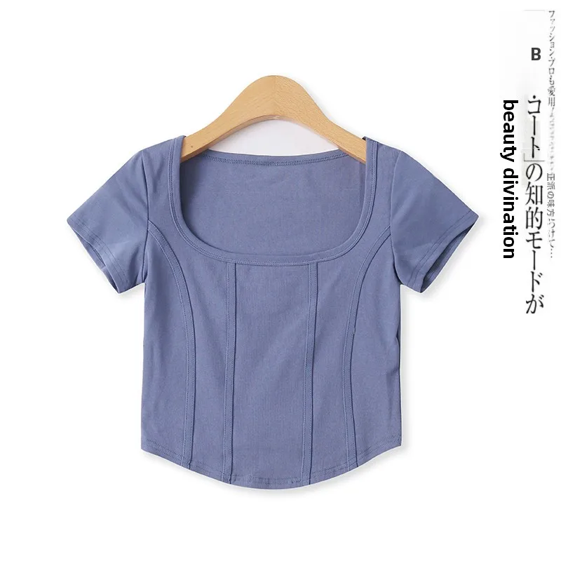 Candy Colored Cotton T-Shirt Summer New Style Women's Versatile Short Slimming Overhead Fishbone Row Short Sleeve Top