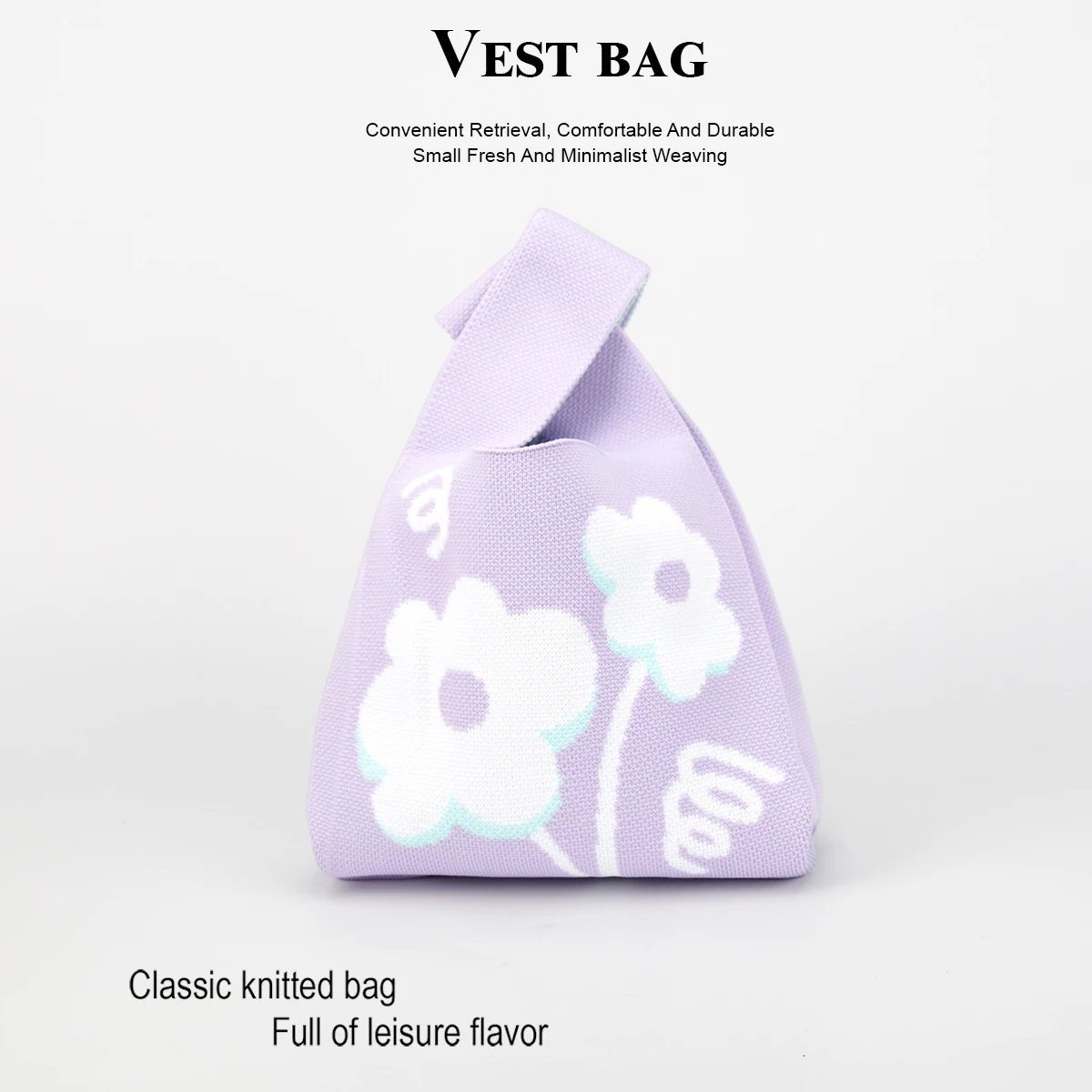 Bolso de mano de punto floral para mujer en lindos colores dulces, adecuado para niñas y niños, tela plegable de punto duradera y resistente al desgaste para transportar teléfonos móviles, lápiz labial, cosméticos, paraguas, etc. , Perfecto para viajar, caminar, tomar fotografías, acampar, transpirable y cómodo, adecuado para todas las estaciones