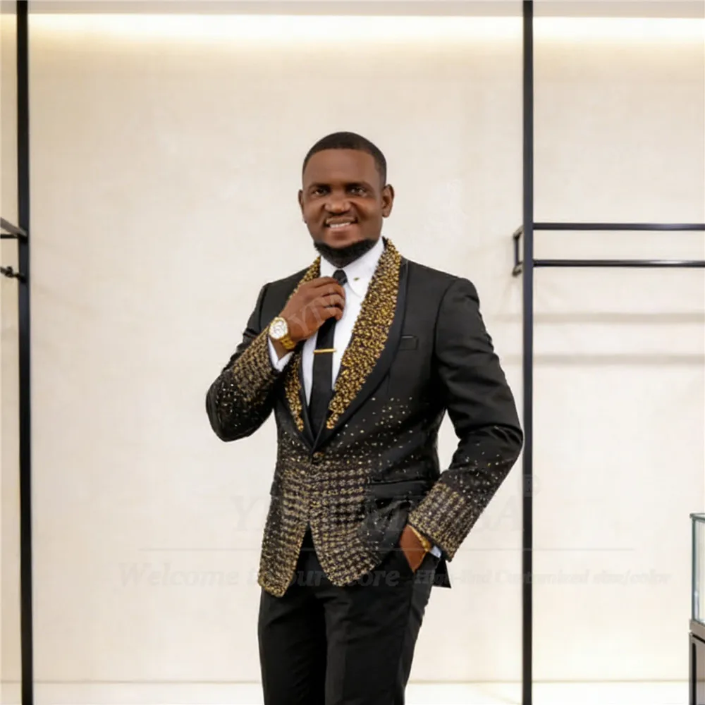 

Мужской костюм-двойка с бисером и камнями: однобортный пиджак и брюки, большие размеры, для банкетов, свадеб и вечеринок