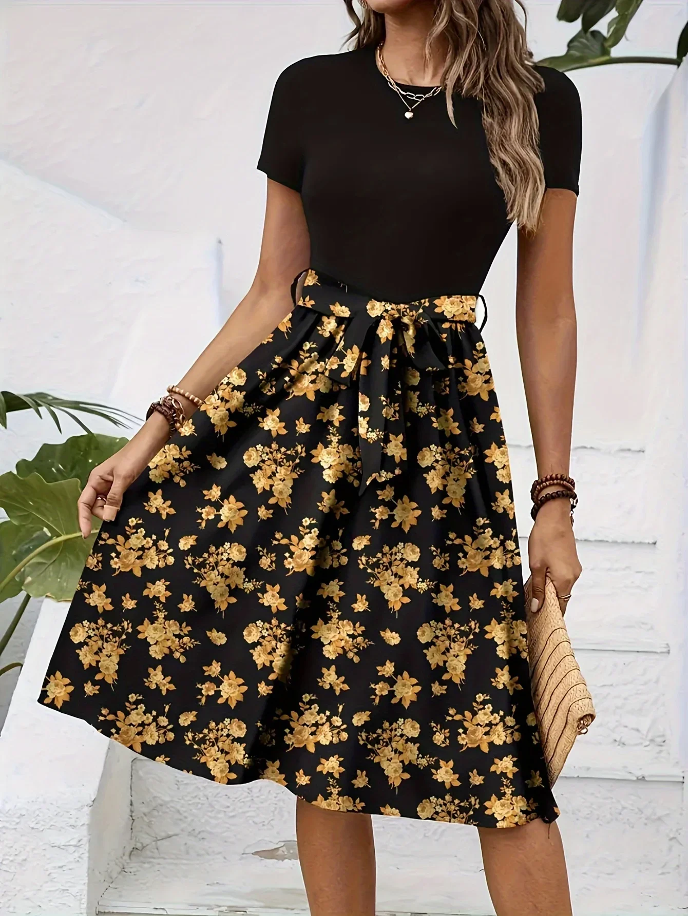 

Plus Size Elegant Floral Print Lace Up Short Sleeved Dress Women's Elegant Round Neck Printed A-line Long Dress