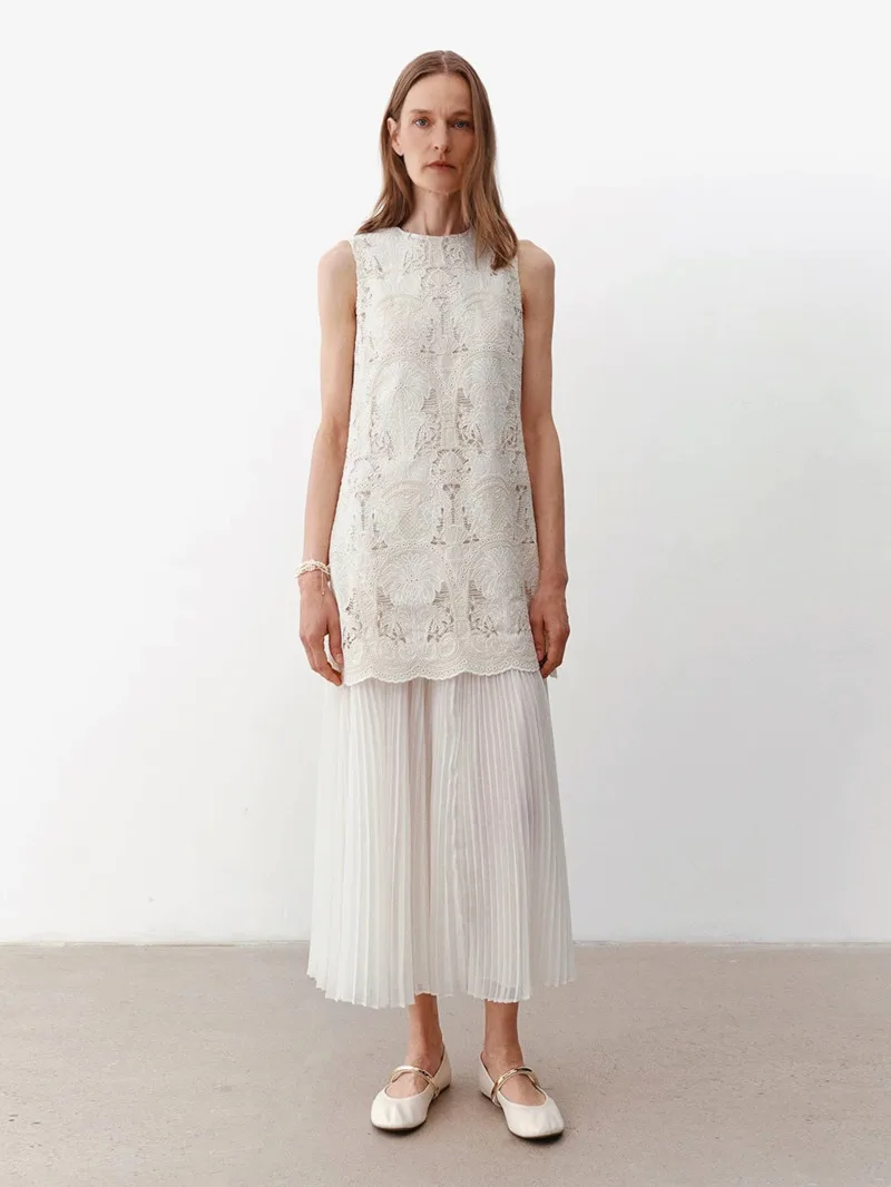 

Classy Hook Flower Hollow Ruched Dress Women's 2025new Elegant High Quality Embroidered Sleeveless Tank Dress Ladies Chic Outfit