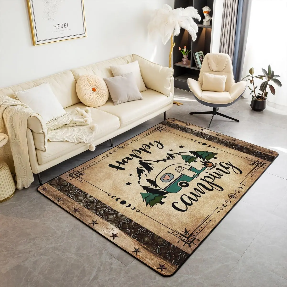 Camper Indoor Floor Mat,Happy Camping Carpet,Watercolour Vintage Wooden Area Rug,Farmhouse Rustic Decorative Accent Rug