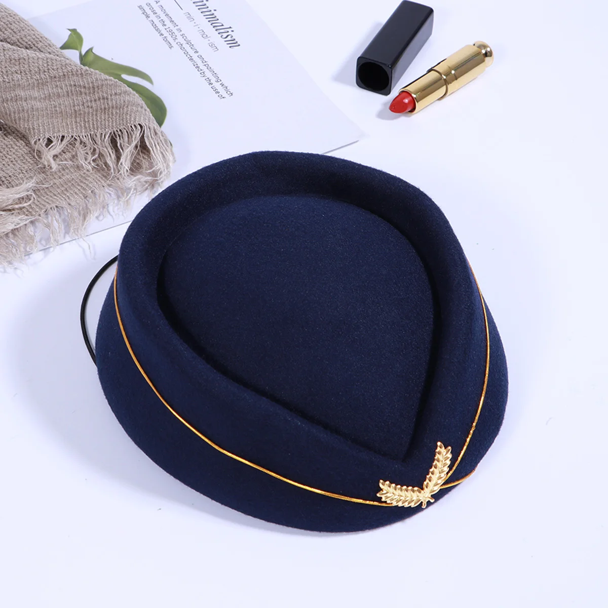 

Flight Attendant Cap Woolen Air Stewardess Hat Navy Blue Size M for Cosplay Costume Party Performance Air Stewardess Hat