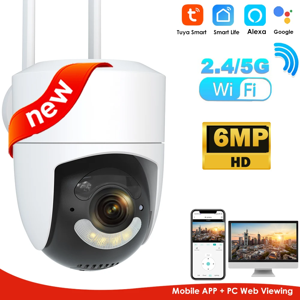 6MP Tuya WiFi Camera Outdoor 2.4G/5G Wifi Surveillance Camera Security Protection CCTV Smartlife Onvif  Alexa Google Video Cam