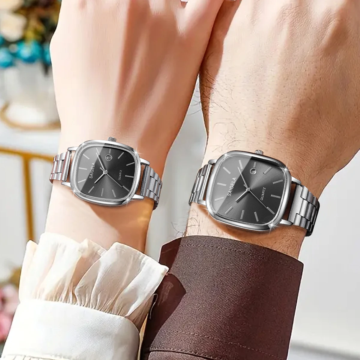 2 pçs moda quadrado dial casal relógios conjunto simples calendário masculino relógios de pulso feminino relógio de quartzo relojs (sem caixa)