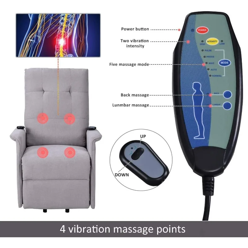 Electric Power Lift cadeira reclinável para idosos, massagem e vibração, bolsos laterais e controle remoto