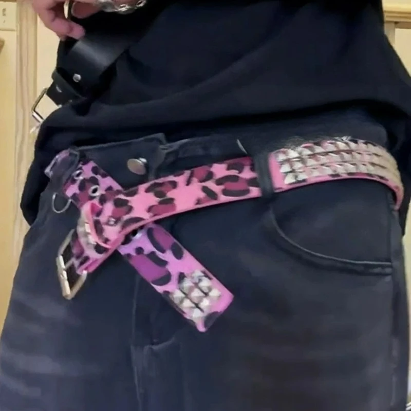 Fashion Punk Square Rivet Belts for Women Metal Pyramid Belt Men and Women Pink Punk Hardware Jeans Y2K Belts Women's Belt