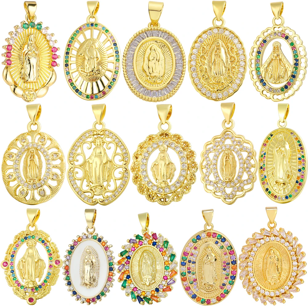 

Juya DIY Religious Christian Jewelry Supplies Handmade 18K Real Gold Plated Cubic Zirconia Saint Virgin Mary Charms Pendants