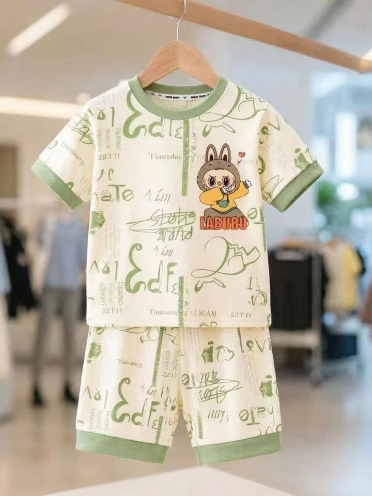 2026-new-pure-cotton-children's-sleepwear-short-sleeve-thin-set-cartoon-home-clothes-for-boys-and-girls-suitable-for-summer