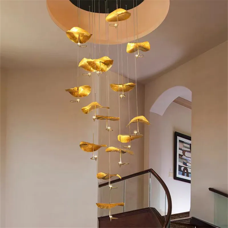 

Lotus leaf Chandelier Creative led Curved all Copper light dining room Bar Kitchen Island Led Indoor hanging Staircase light