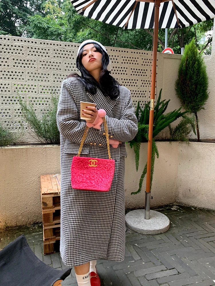 

Women's Mid-Length Woolencoat 2025 New Plaid Patterned Double Breasted Lapered Sves Korean Sle Commute Faion