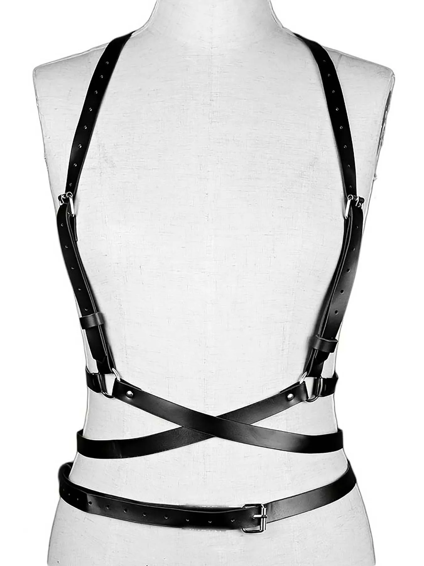 حزام أسود قابل للتعديل للنساء - مجموعة ملابس داخلية من جلد البولي يوريثان لملابس الرقص القوطية والهذيان مع أبازيم