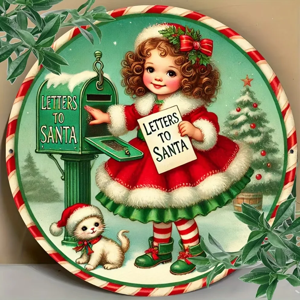 Sinal de ferro redondo com letra de Papai Noel 8x8" – perfeito para decoração de Natal, casa, escritório e presentes, perfeito para decoração de quarto