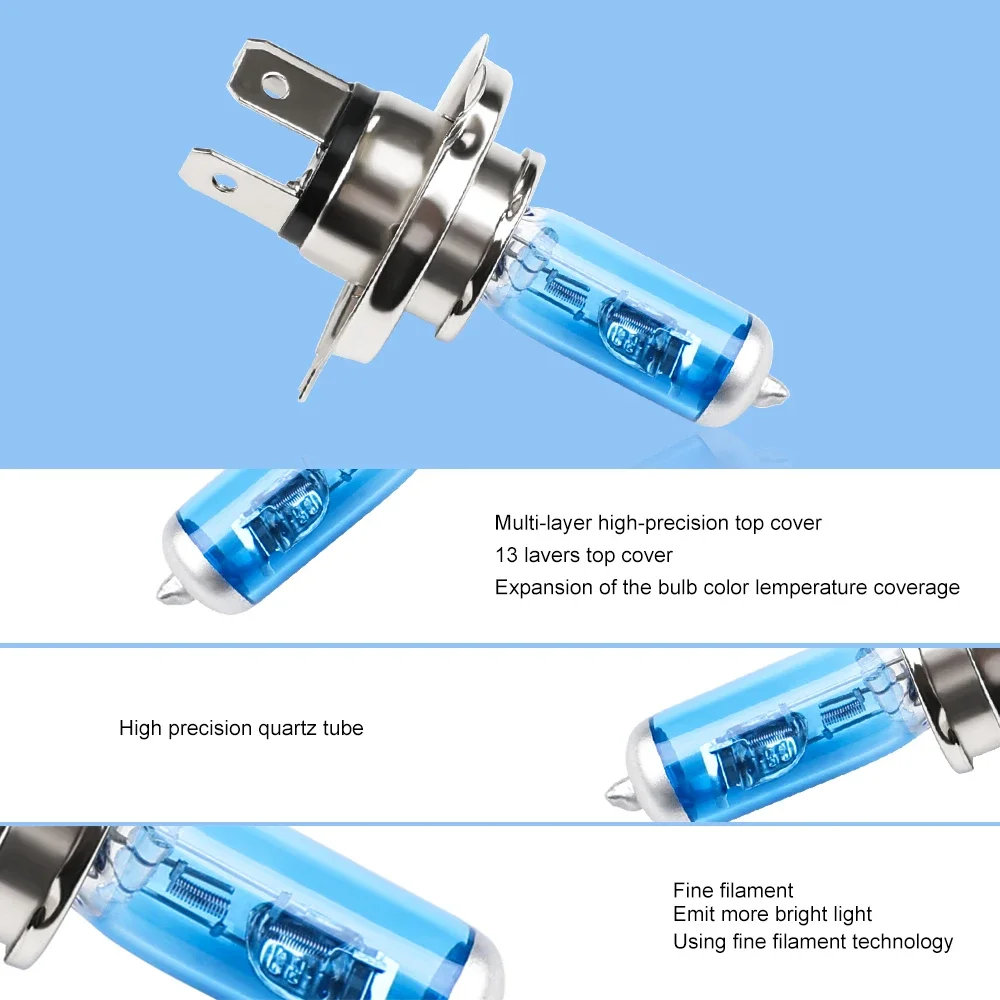 2Pcs H4 100W 6000K Car Halogen Xenon Lights Bulbs High Low Beam Cars With 12V Battery Voltage Headlight Lamps Car Accessories
