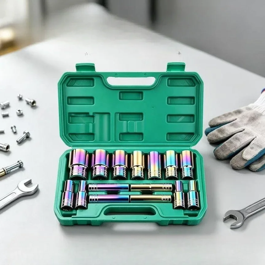 Titanium Coated Deep Hex Socket Set 8-32mm Chrome Vanadium Steel for Electric Impact Wrench