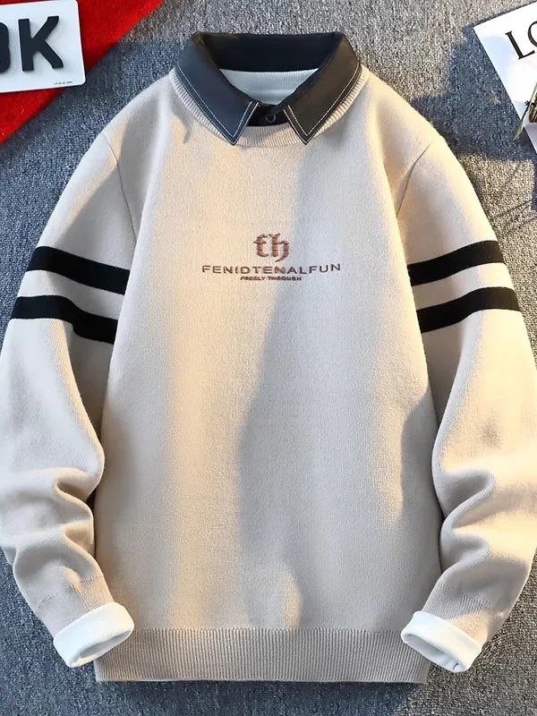 

Высококачественный мужской вязаный свитер с воротником-стойкой, повседневный, подходит как базовая одежда, имитация двухслойного топа, для осенне-зимнего сезона, городской стиль