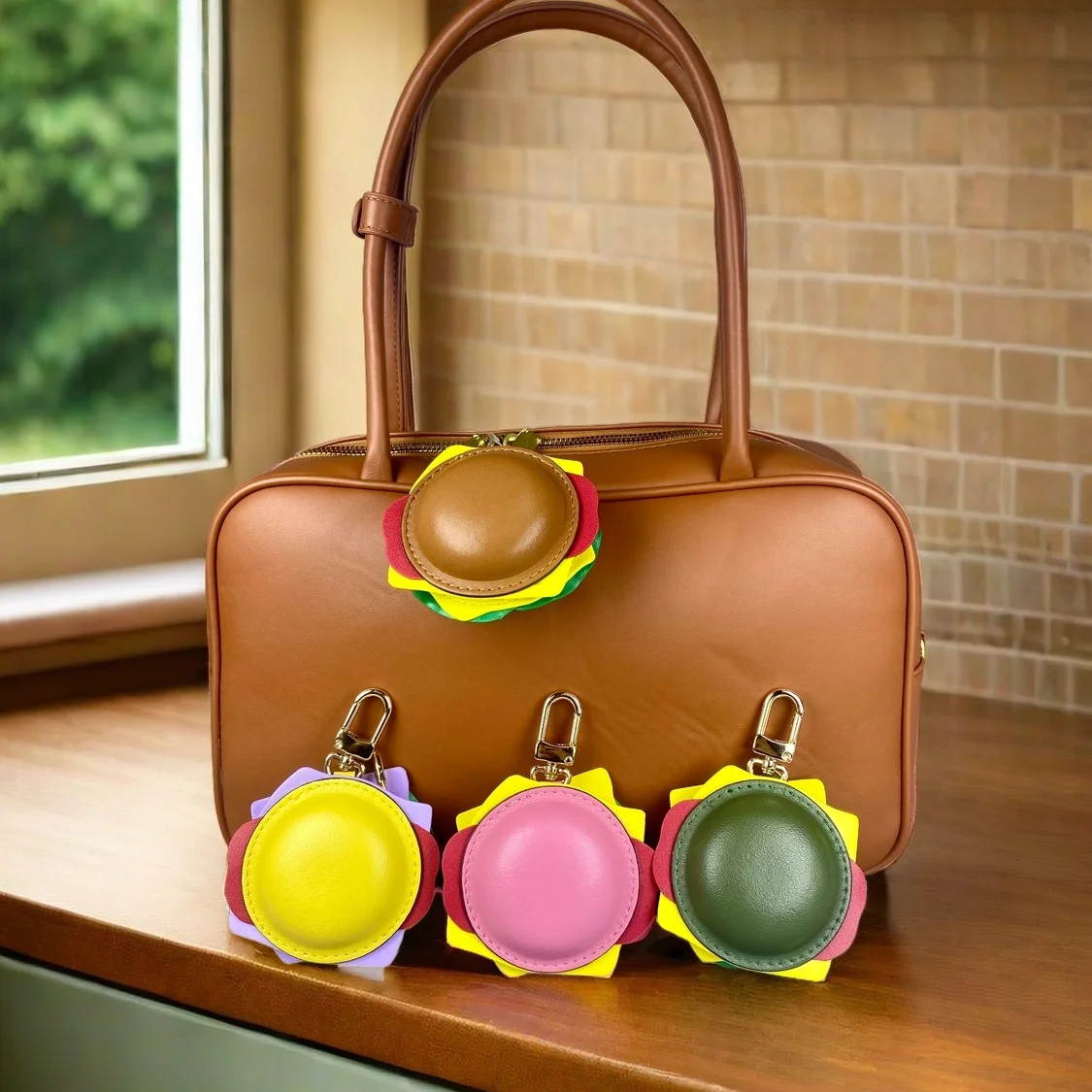 Llavero de cuero genuino hecho a mano con mini bolsa con cremallera para efectivo y artículos esenciales pequeños - Diseño de hamburguesa